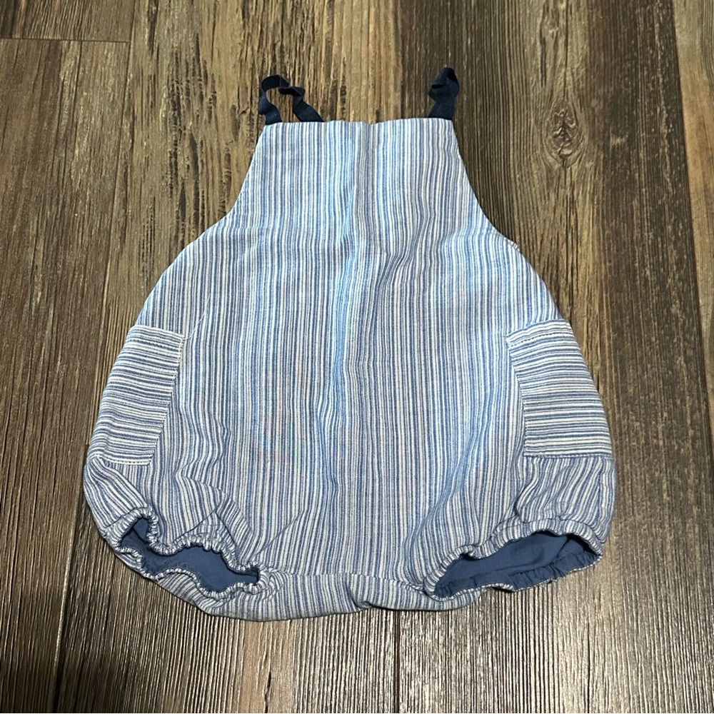 ZARA mini linen blend bubble romper blue and white stripe 6-9 mo summer outfit